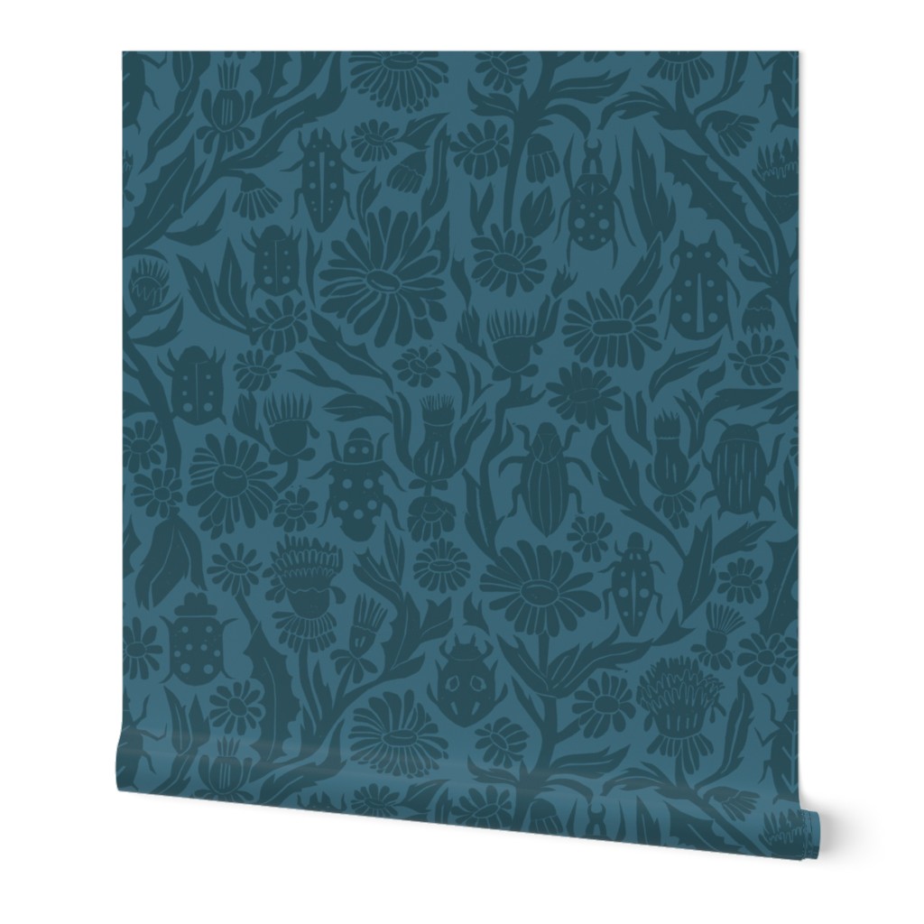 Linocut Flowers and Insects - Blue Wallpaper, Test Swatch (2' x 1'), Prepasted Removable Smooth, Blue