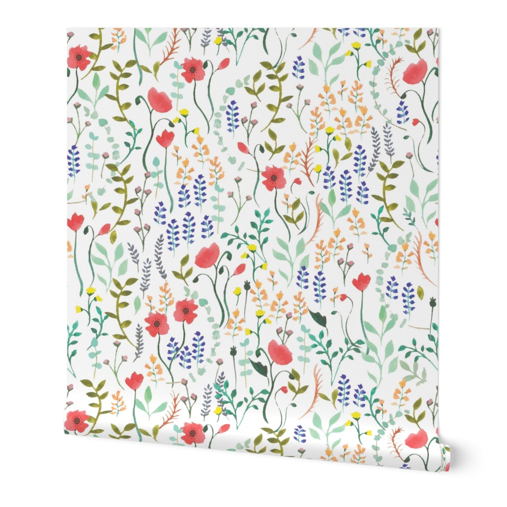 Wildflower Meadow on White Wallpaper, 2'x12', Prepasted Removable Smooth, Multicolor
