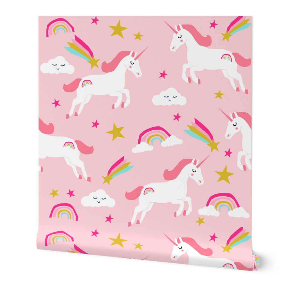Unicorns - Pink Wallpaper, Test Swatch (2' x 1'), Prepasted Removable Smooth, Pink