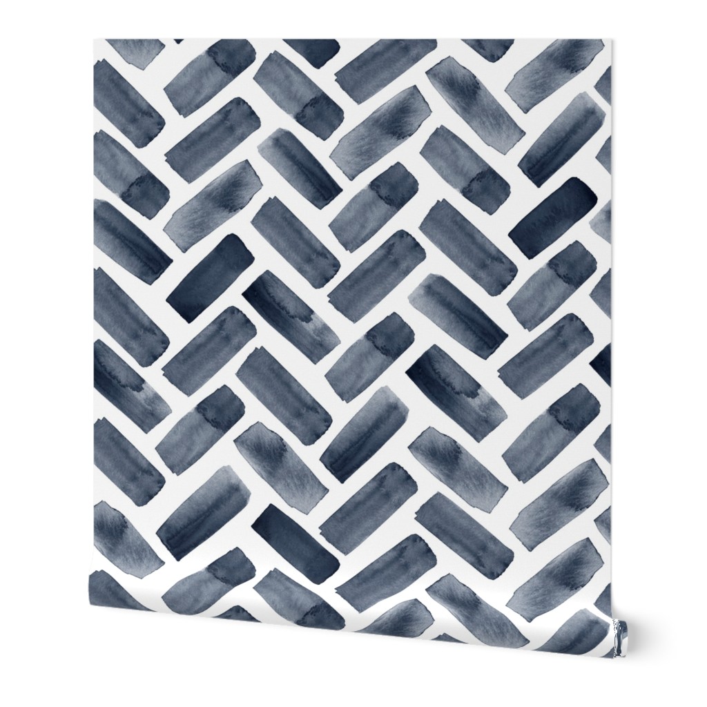 Watercolor Herringbone - Navy Blue Wallpaper, 2'x3', Prepasted Removable Smooth, Blue