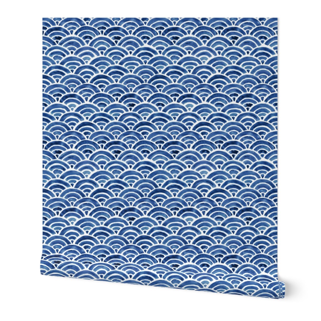 Seigaiha Sea Waves - Blue Wallpaper, 2'x3', Prepasted Removable Smooth, Blue