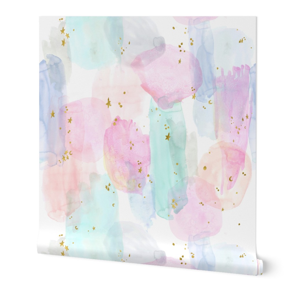 Watercolor Rainbow and Stars - Multi Wallpaper, 2'x9', Prepasted Removable Smooth, Multicolor