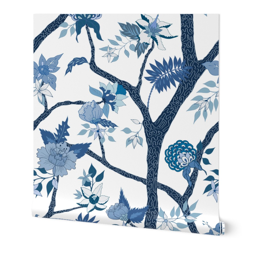 Peony Branch Mural Wallpaper, 2'x3', Prepasted Removable Smooth, Blue