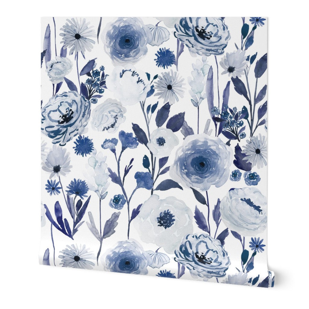 Indigo Garden Wallpaper, 2'x9', Prepasted Removable Smooth, Blue