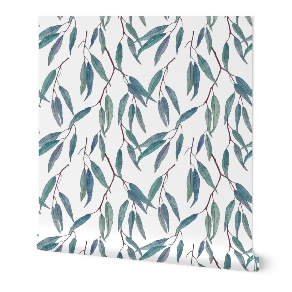 Pointed Leaves - Green on White Wallpaper, 2'x9', Prepasted Removable Smooth, Green