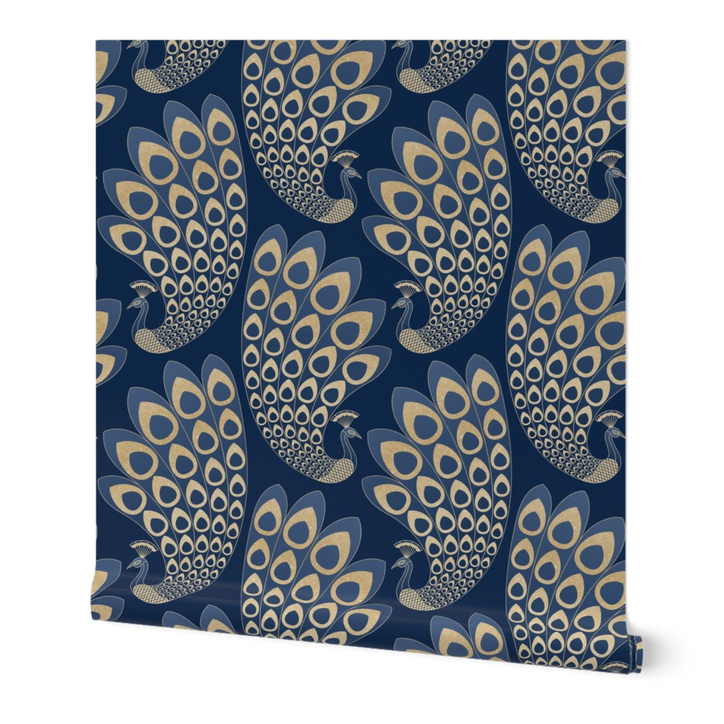 Art Deco Peacock - Blue and Gold Wallpaper, 2'x9', Prepasted Removable Smooth, Blue