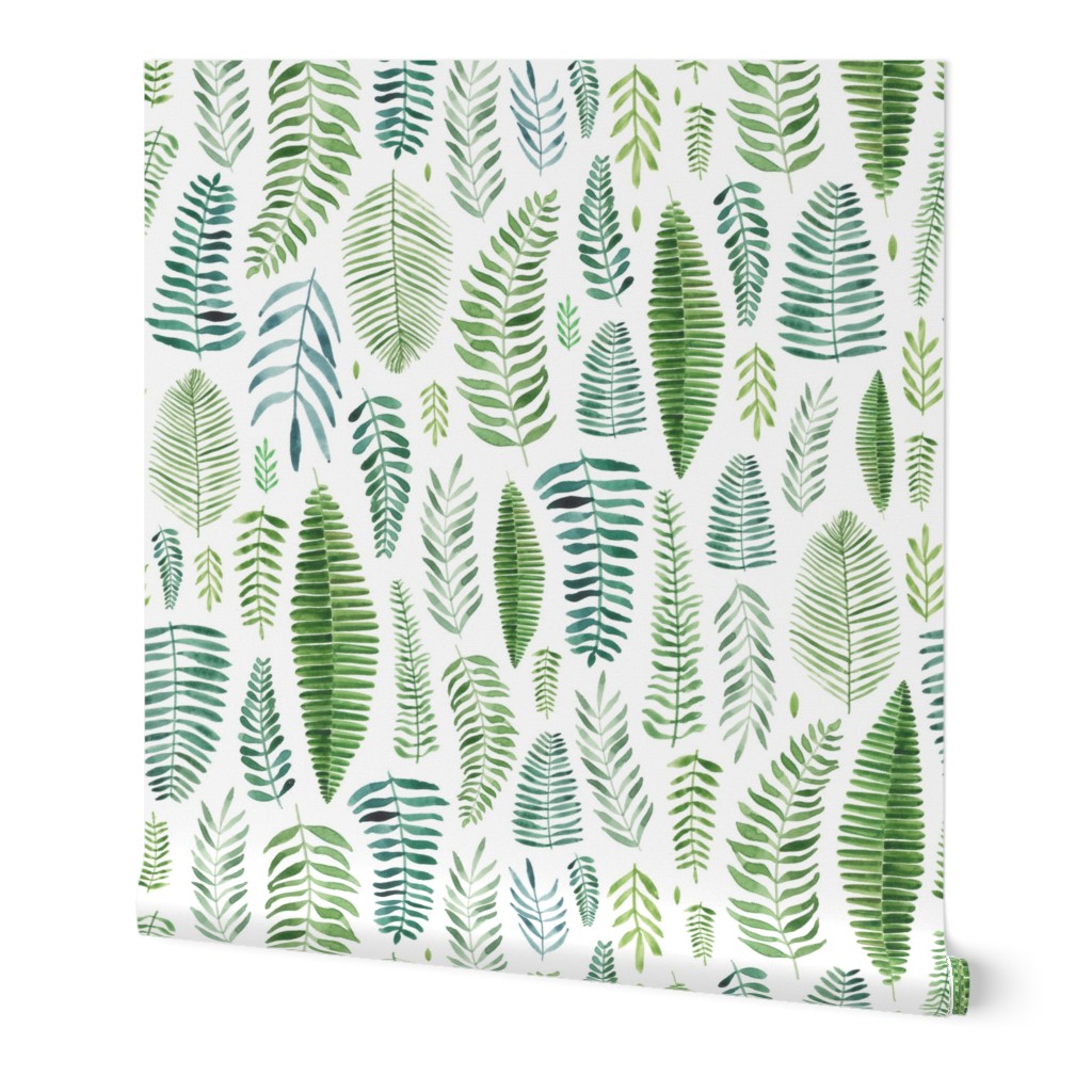 Watercolor Ferns and Leaves - Green Wallpaper, 2'x3', Prepasted Removable Smooth, Green