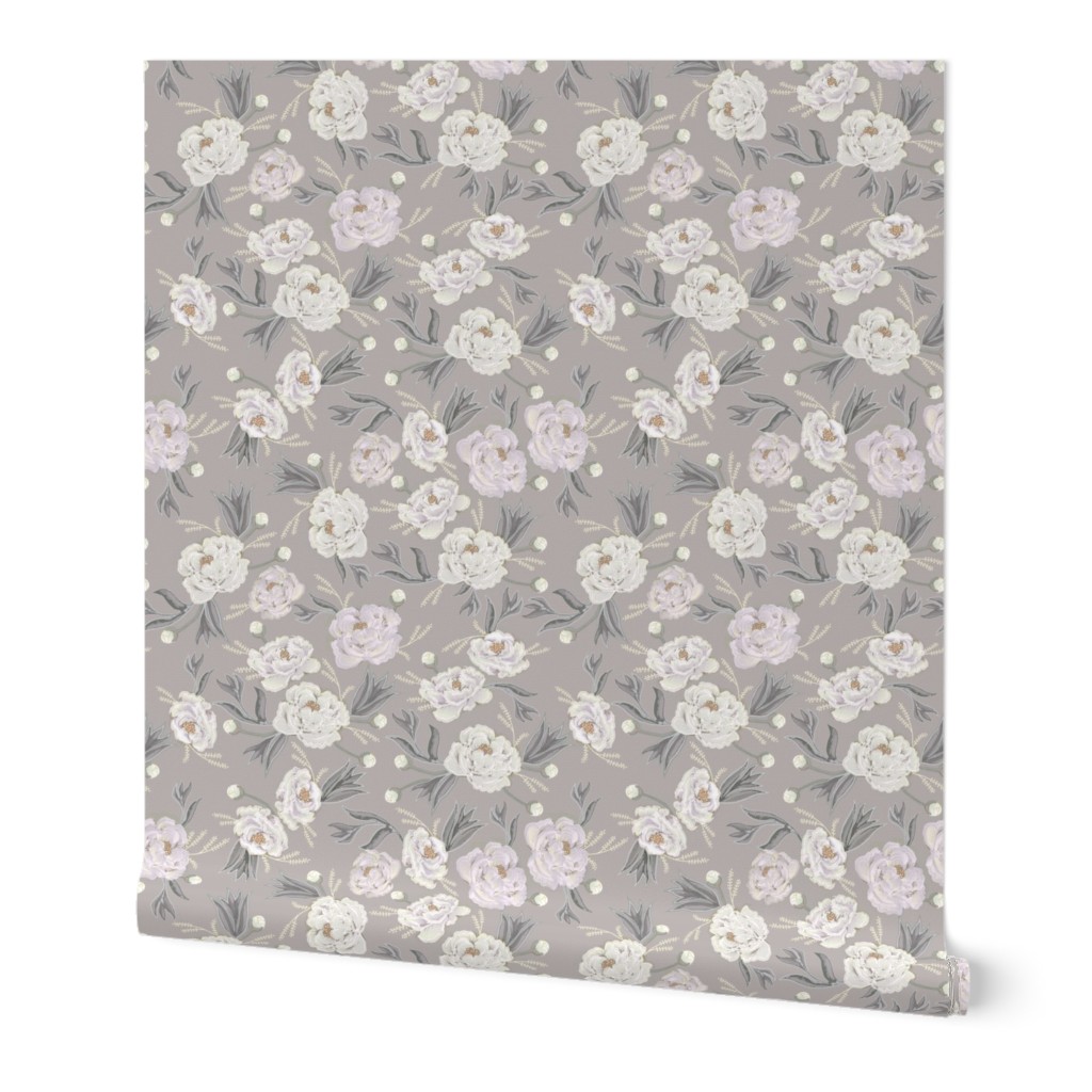 French Peony - Gray Wallpaper, 2'x3', Prepasted Removable Smooth, Gray