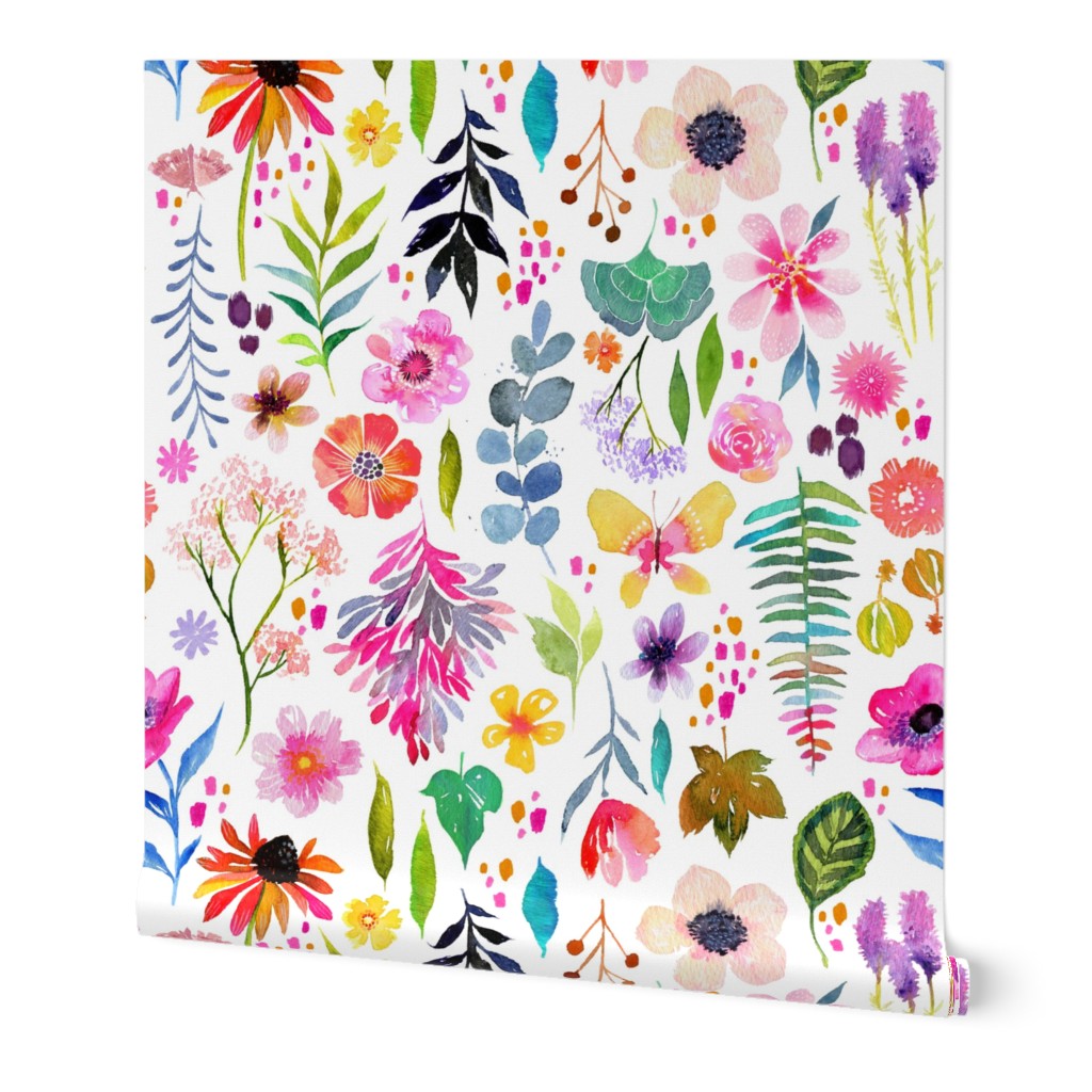 Watercolor Garden - Multi on White Wallpaper, 2'x3', Prepasted Removable Smooth, Multicolor