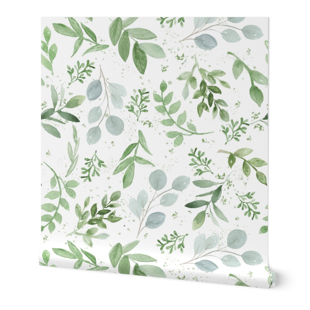 Watercolor Leaves - Green Wallpaper, 2'x3', Prepasted Removable Smooth, Green