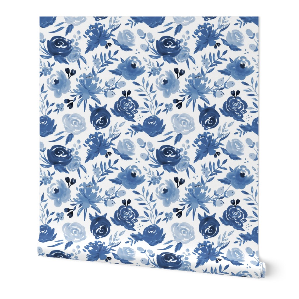 Monochrome Watercolor Floral - Blue Wallpaper, 2'x9', Prepasted Removable Smooth, Blue