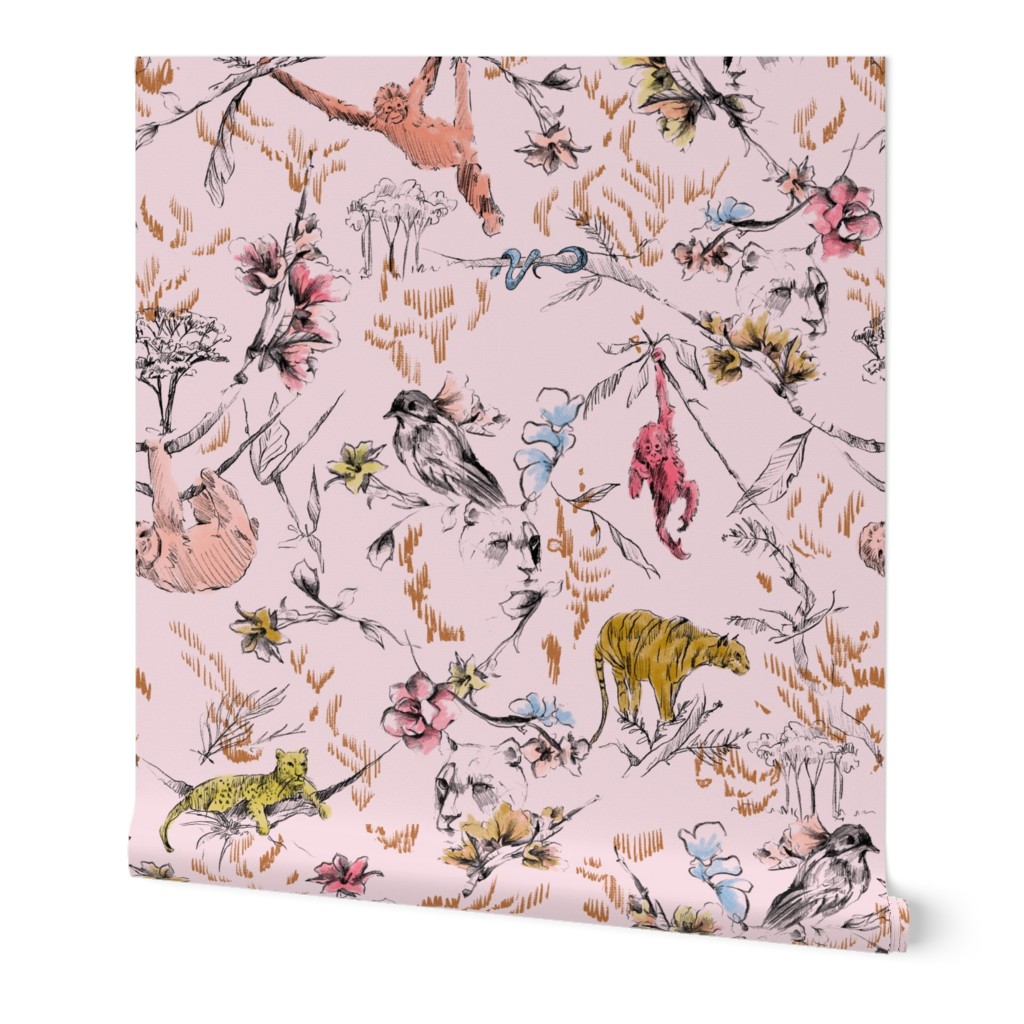 Jungle Chinoise - Pink Wallpaper, Test Swatch (2' x 1'), Prepasted Removable Smooth, Pink