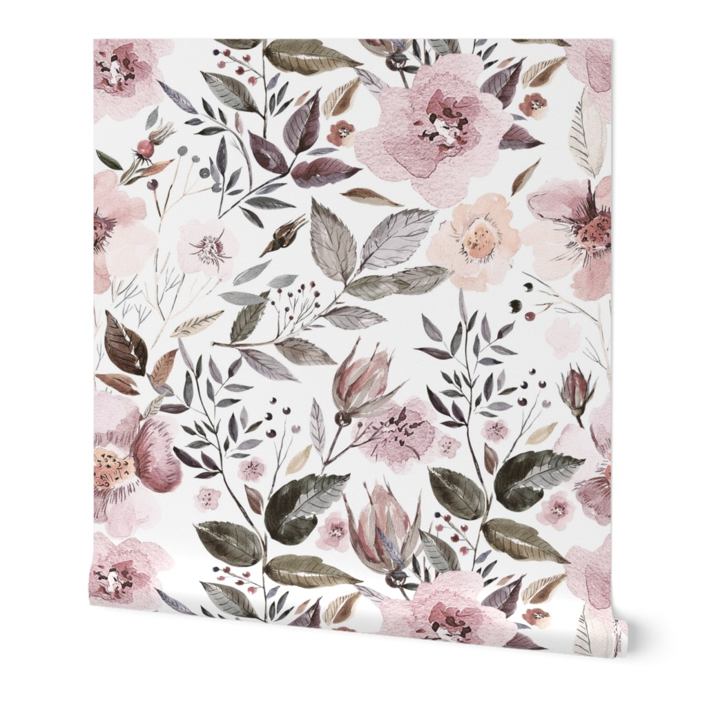 Autumnal Watercolor Flowers - Blush on White Wallpaper, 2'x9', Prepasted Removable Smooth, Pink