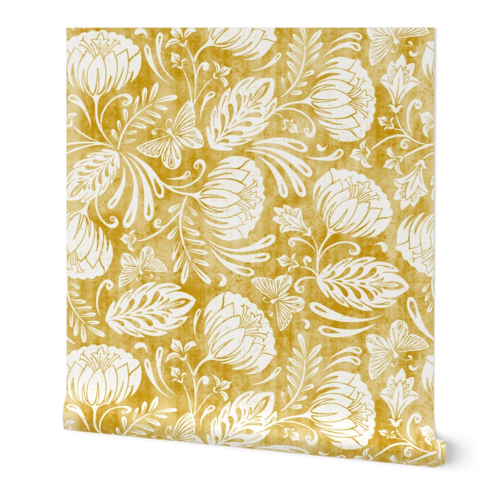 Arabella - Damask Wallpaper, 2'x12', Prepasted Removable Smooth, Yellow