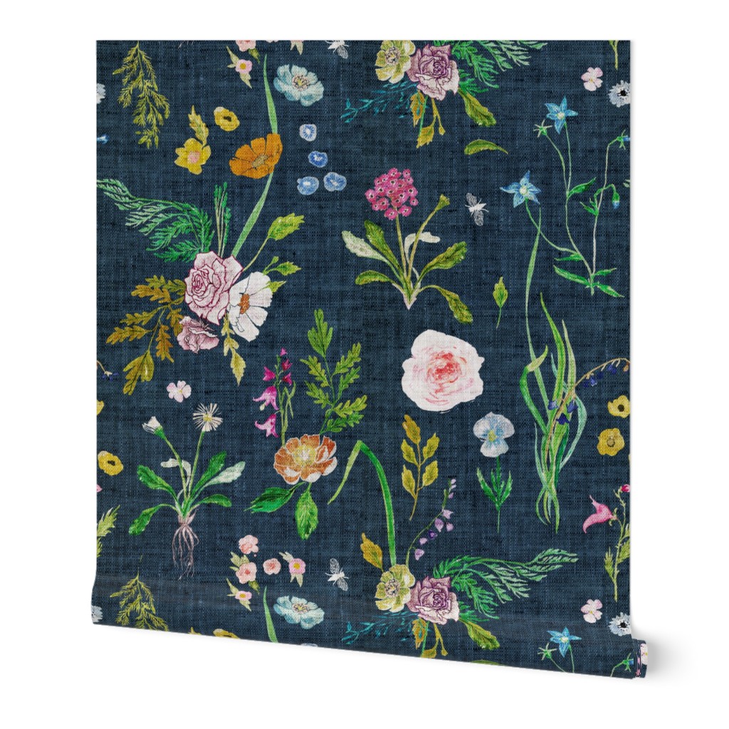 Jane Floral - Multi on Navy Wallpaper, 2'x9', Prepasted Removable Smooth, Multicolor
