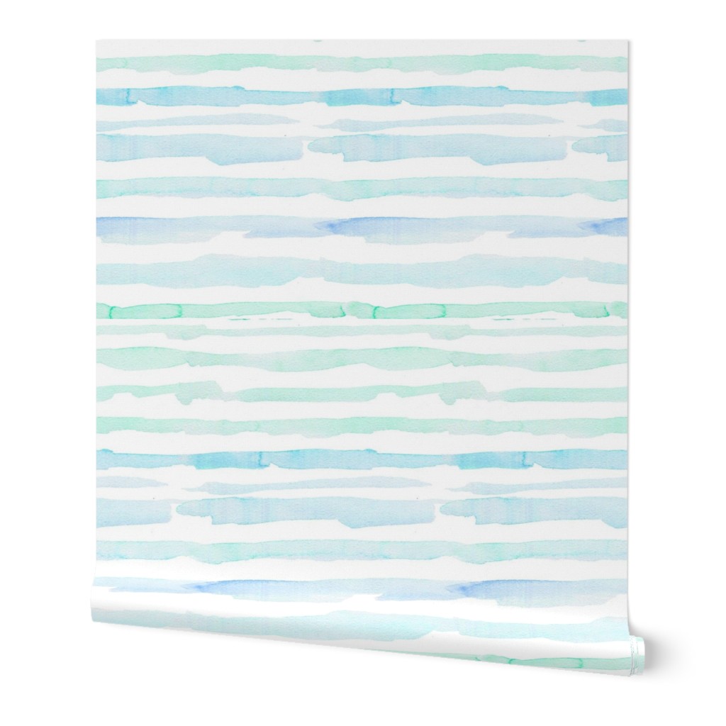 Watercolor Stripes - Blue and Green Wallpaper, 2'x9', Prepasted Removable Smooth, Blue