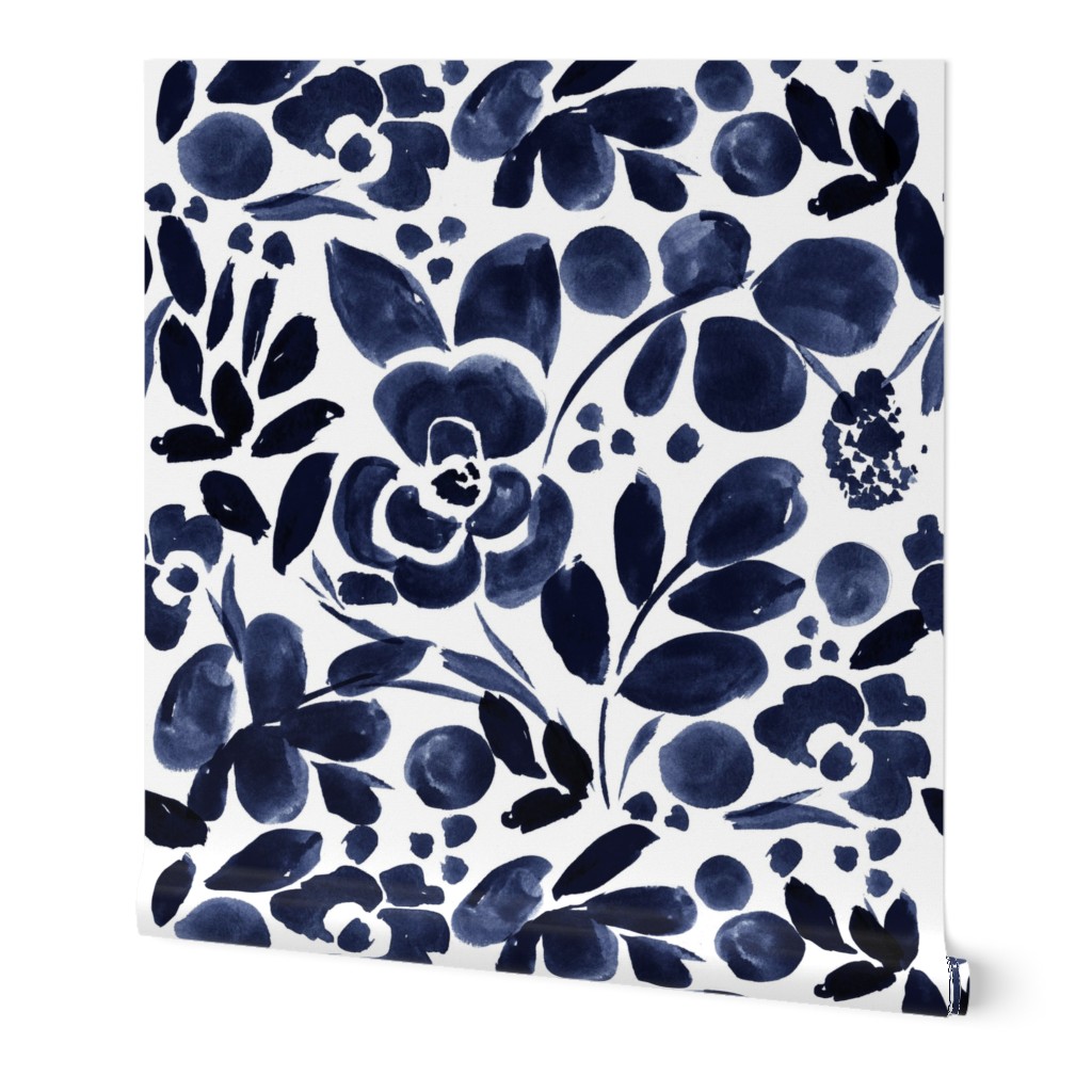 Floral - Navy Blue Wallpaper, 2'x3', Prepasted Removable Smooth, Blue