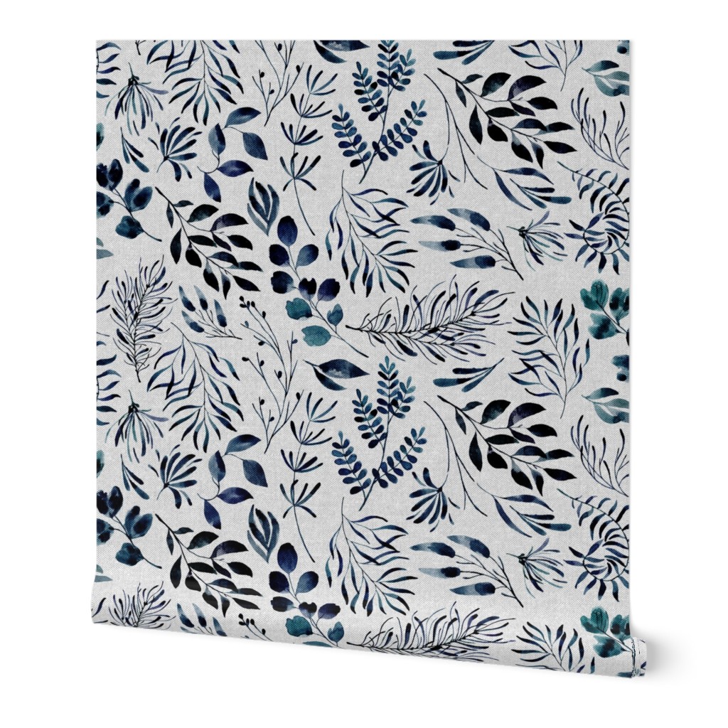 Leaves Nature Botanical Prints Wallpaper, 2'x3', Prepasted Removable Smooth, Blue