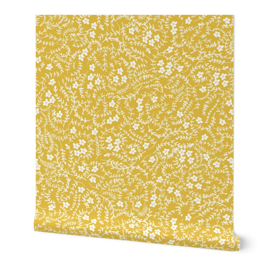 Scattered Floral - Mustard Wallpaper, 2'x3', Prepasted Removable Smooth, Yellow