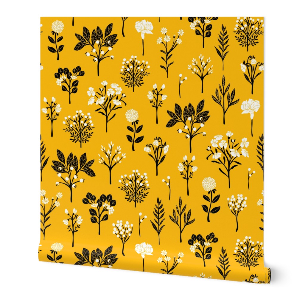 Florals - Yellow and Black Wallpaper, 2'x3', Prepasted Removable Smooth, Yellow