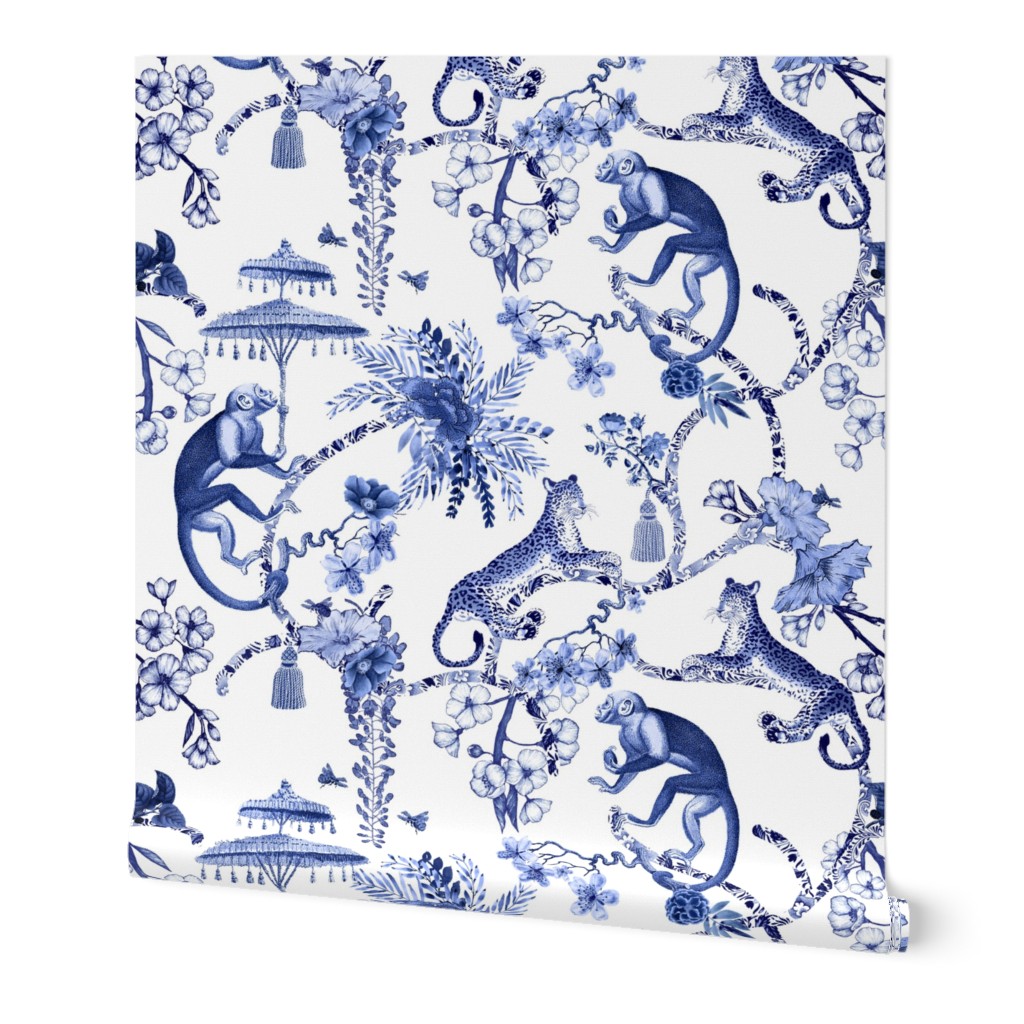 Whimsy Chinoiserie - Blue and White Wallpaper, 2'x12', Prepasted Removable Smooth, Blue