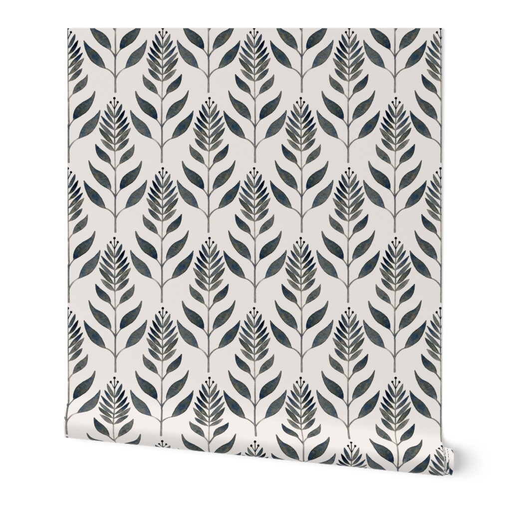 Antiqued Leaves - Navy Wallpaper, 2'x12', Prepasted Removable Smooth, Beige