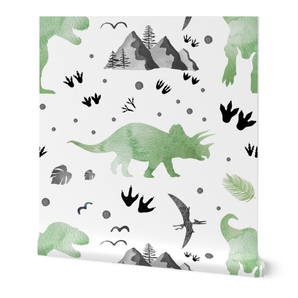 Let's Be Dinosaurs Watercolor - Green Wallpaper, 2'x9', Prepasted Removable Smooth, Green