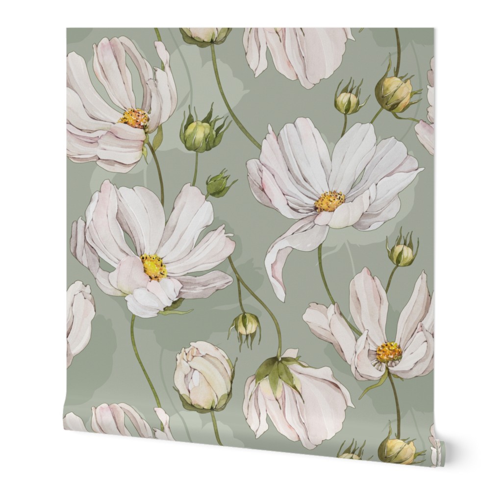Watercolor Daisy Flowers - Green Wallpaper, 2'x12', Prepasted Removable Smooth, Green