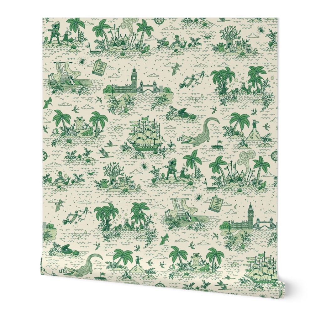 Neverland Toile - Green on Beige Wallpaper, 2'x12', Prepasted Removable Smooth, Green