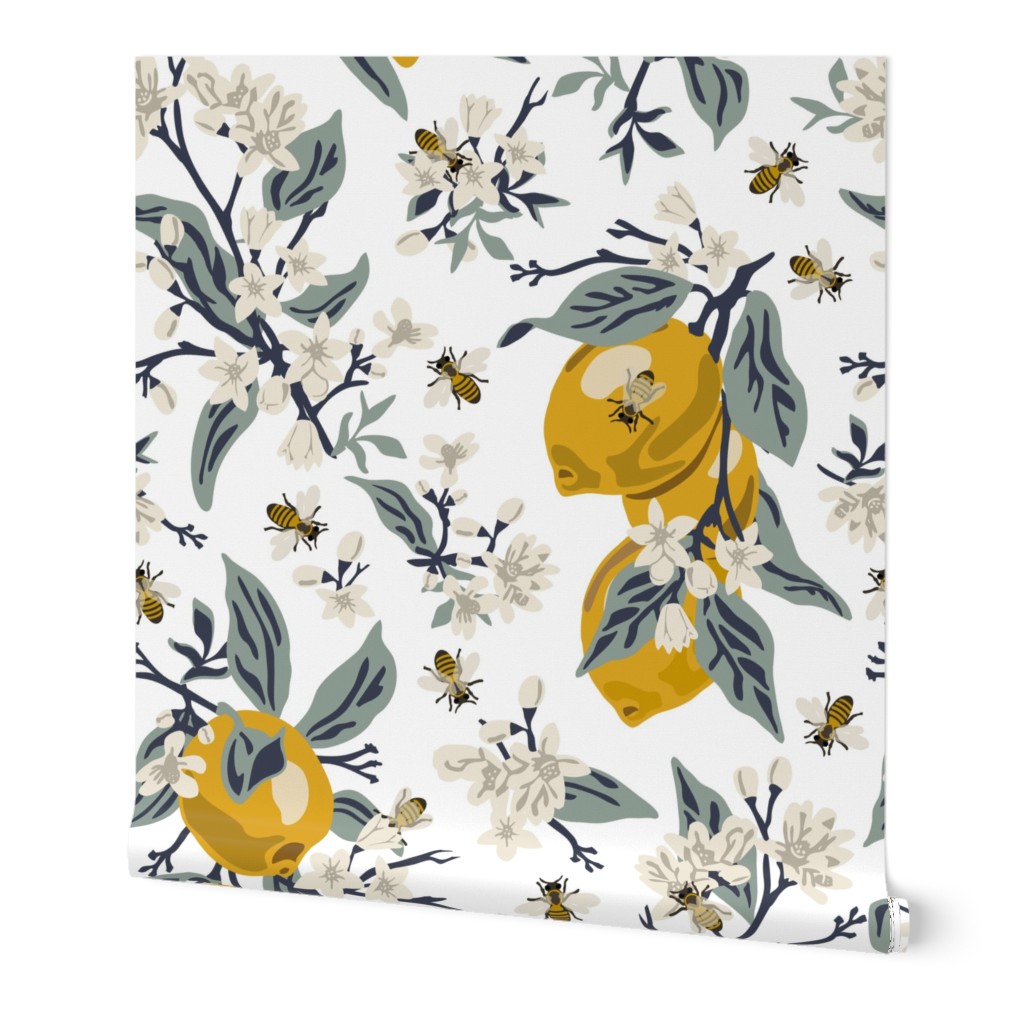 Bees and Lemons - White Wallpaper, 2'x12', Prepasted Removable Smooth, Yellow