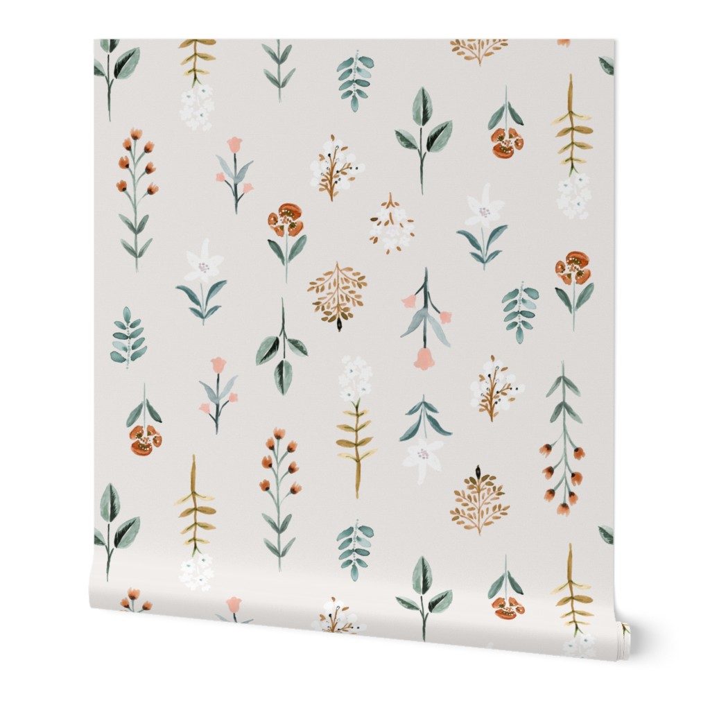 Flower Specimen - Multi on Gray Wallpaper, 2'x3', Prepasted Removable Smooth, Multicolor