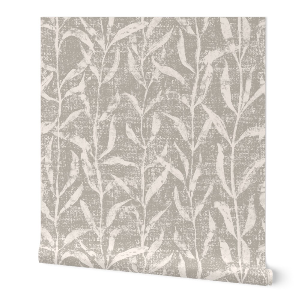 Grass Cloth With Leaves - Gray and Cream Wallpaper, 2'x9', Prepasted Removable Smooth, Beige