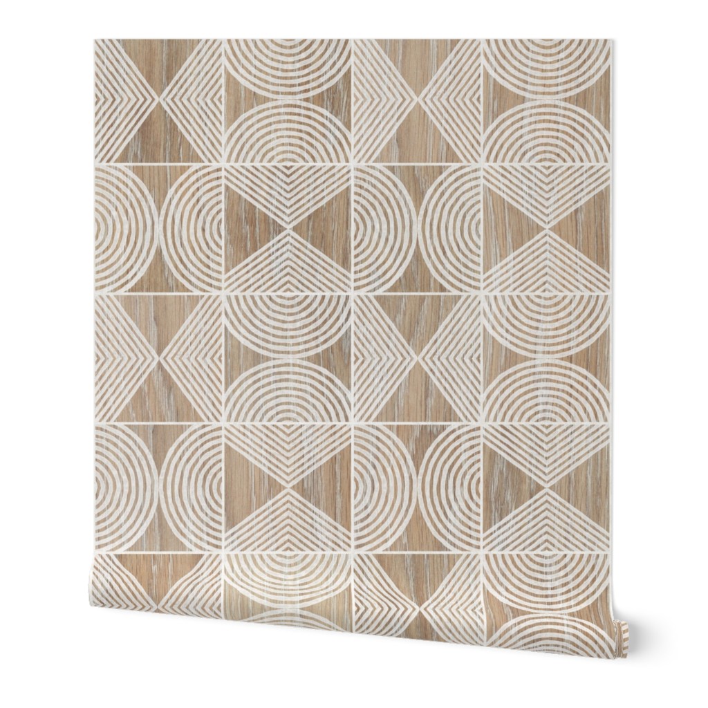 Boho Tribal Woodcut Geometric Shapes Wallpaper, 2'x9', Prepasted Removable Smooth, Beige