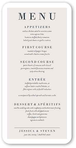 Novel Photo Wedding Menu, Purple, 4x8 Menu, Pearl Shimmer Cardstock, Rounded, Whisper