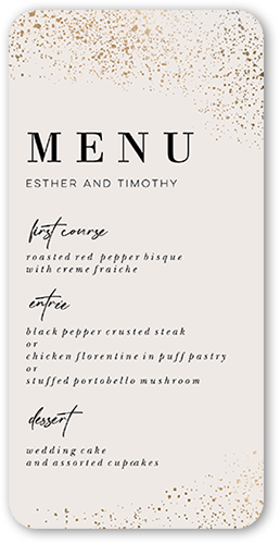 Sparks Fly Wedding Menu, White, 4x8 Flat Menu, Pearl Shimmer Cardstock, Rounded