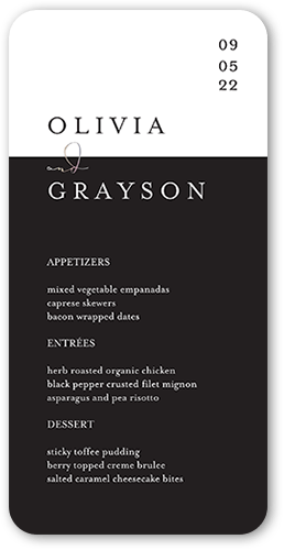 Dazzling Duet Wedding Menu, Grey, 4x8 Menu, Pearl Shimmer Cardstock, Rounded, Silver