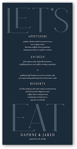 One Love Wedding Menu, Blue, 4x8 Menu, 100% Recycled Cardstock , Square, Navy