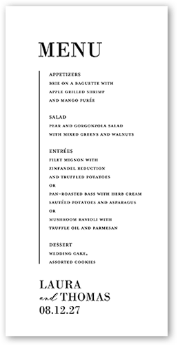 Adorned Accent Wedding Menu, White, 4x8 Menu, Standard Smooth Cardstock, Square, White