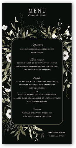 Floral Filigree Wedding Menu, Black, 4x8 Menu, Matte, Signature Smooth Cardstock, Square