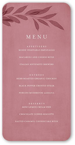 Pressed Leaves Wedding Menu, Pink, 4x8 Menu, Standard Smooth Cardstock, Rounded, Blush