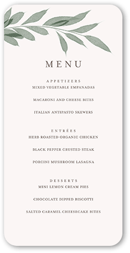 Pressed Leaves Wedding Menu, Beige, 4x8 Menu, Pearl Shimmer Cardstock, Rounded, Antique White