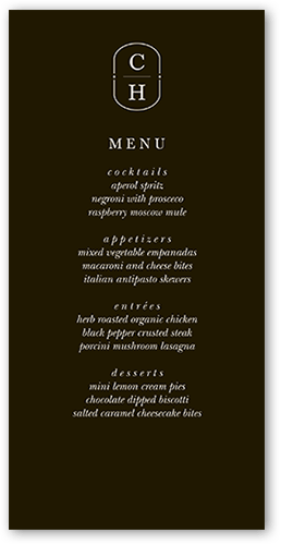 Polished Monogram Wedding Menu, Black, 4x8 Menu, Matte, Signature Smooth Cardstock, Square