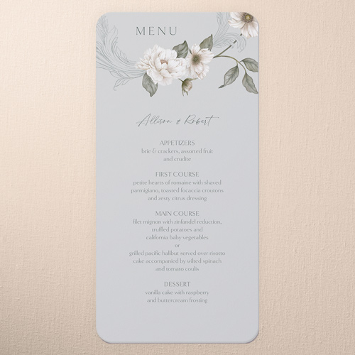 Peaceful Flowers Wedding Menu, Grey, 4x8 Menu, Matte, Signature Smooth Cardstock, Rounded