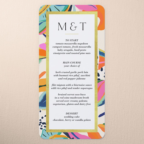 Vibrant Garden Wedding Menu, Blue, 4x8 Menu, Pearl Shimmer Cardstock, Rounded