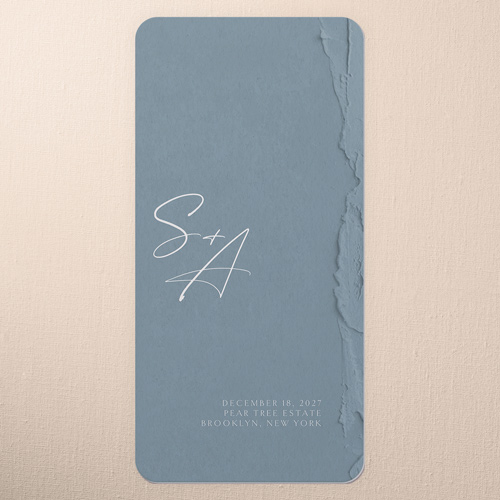 Torn Textures Wedding Menu, Blue, 4x8 Menu, 100% Recycled Cardstock , Rounded, Feather