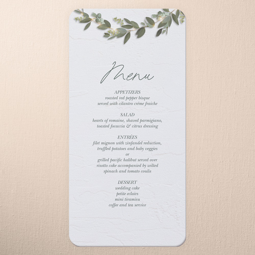 Laced Laurels Wedding Menu, White, 4x8 Menu, 100% Recycled Cardstock ?, Rounded