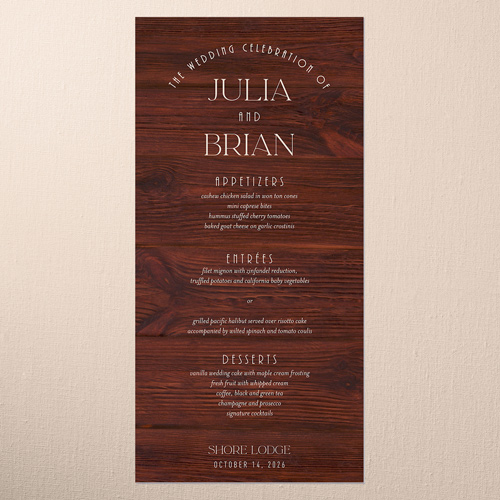 Timber Ties Wedding Menu, Purple, 4x8 Menu, Pearl Shimmer Cardstock, Square, Merlot