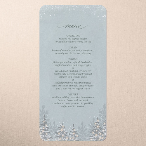 Snowy Wonderland Wedding Menu, Green, 4x8 Menu, Pearl Shimmer Cardstock, Rounded