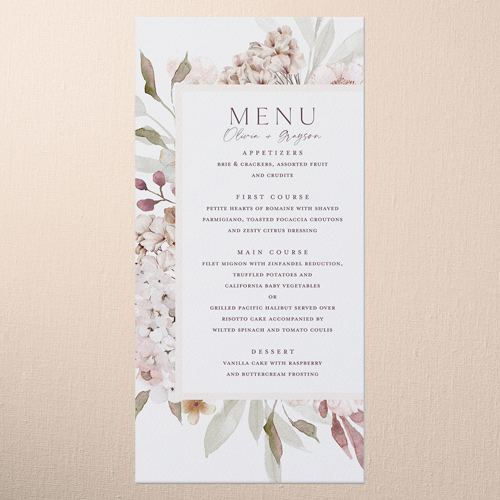 Hydrangea Highlight Wedding Menu, Pink, 4x8 Menu, Pearl Shimmer Cardstock, Square