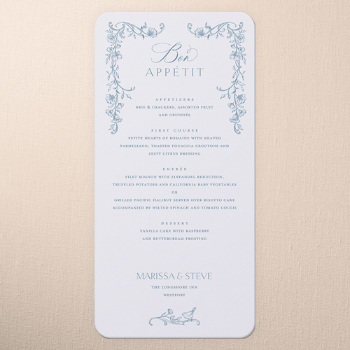 Gentle Ornamented Framework Wedding Menu, Blue, 4x8 Menu, Matte, Signature Smooth Cardstock, Rounded, Marine